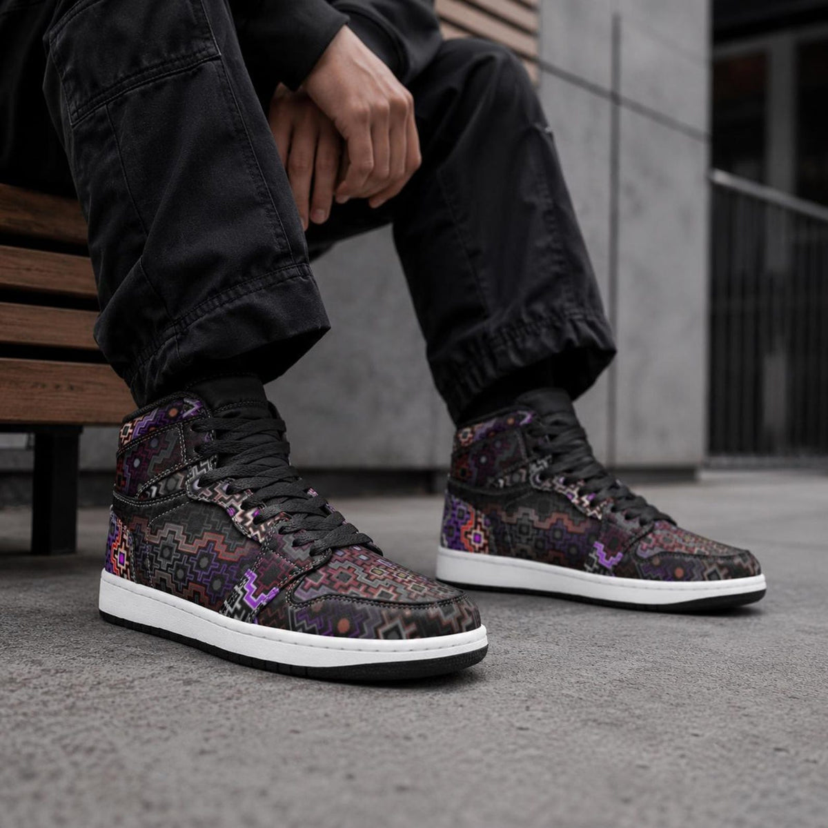 Shadow Work Unisex High Top Sneakers, Psychedelic Geometric Shoes, Black Purple Streetwear, Alternative Festival Fashion, Rave Shoes