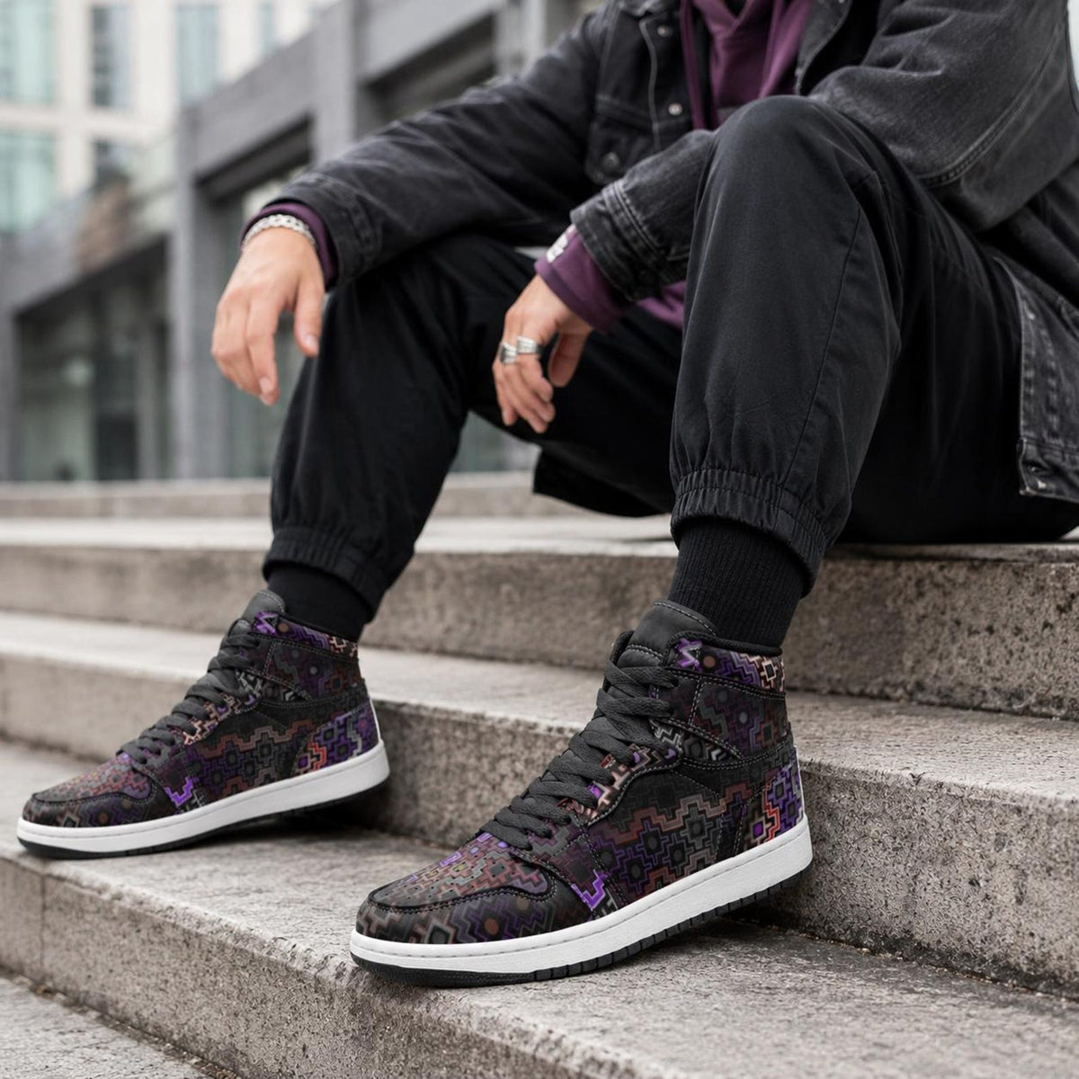 Shadow Work Unisex High Top Sneakers, Psychedelic Geometric Shoes, Black Purple Streetwear, Alternative Festival Fashion, Rave Shoes