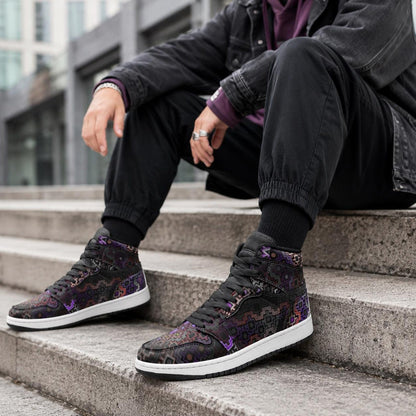 Shadow Work Unisex High Top Sneakers, Psychedelic Geometric Shoes, Black Purple Streetwear, Alternative Festival Fashion, Rave Shoes