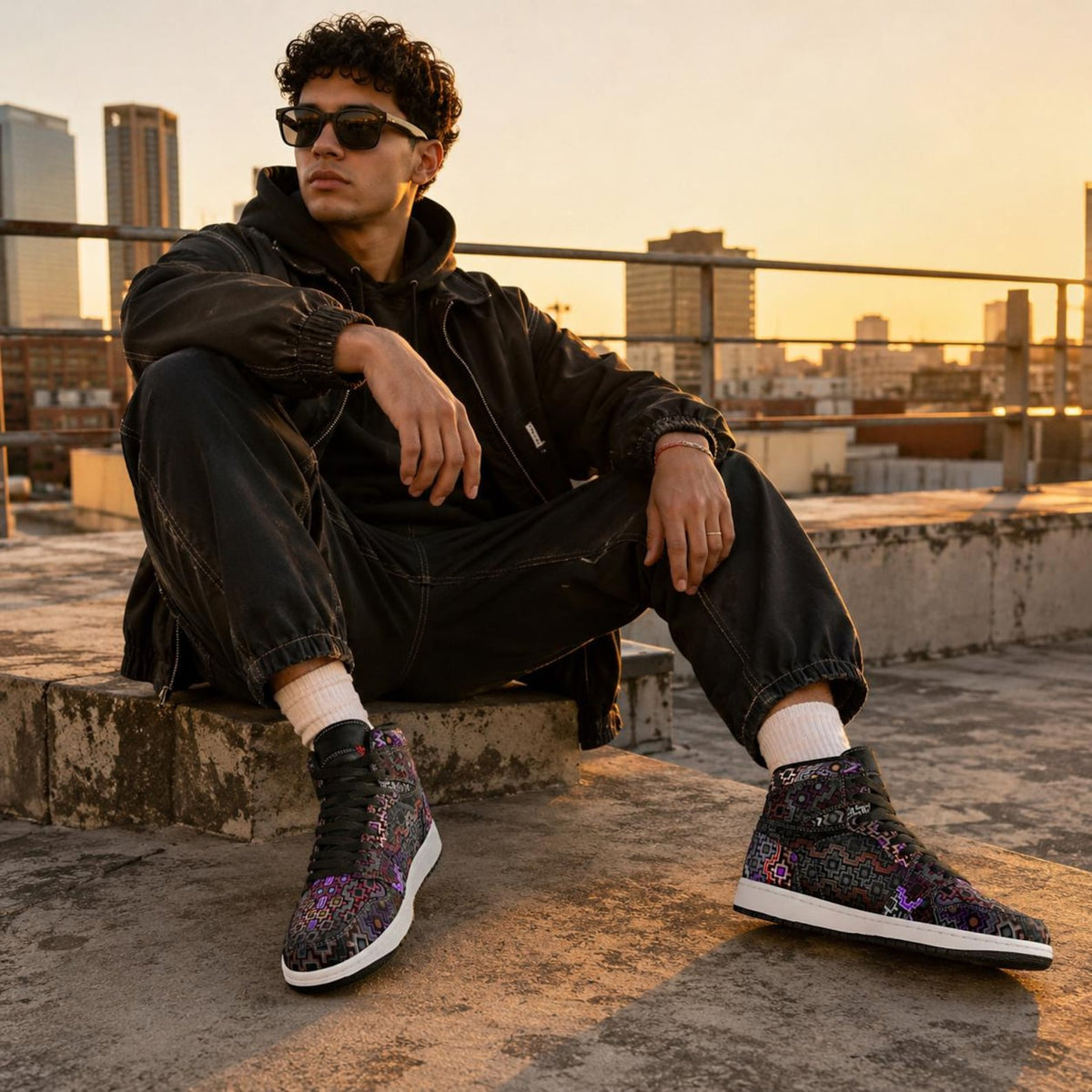 Shadow Work Unisex High Top Sneakers, Psychedelic Geometric Shoes, Black Purple Streetwear, Alternative Festival Fashion, Rave Shoes