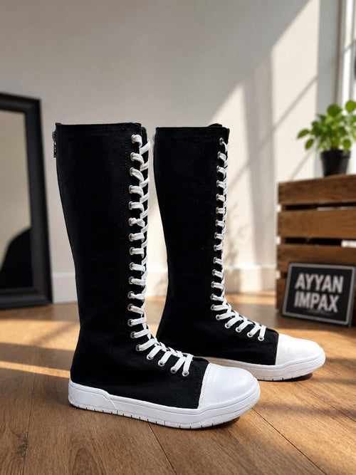 Custom Knee High Canvas Sneakers, Handmade Lace Up Streetwear Footwear