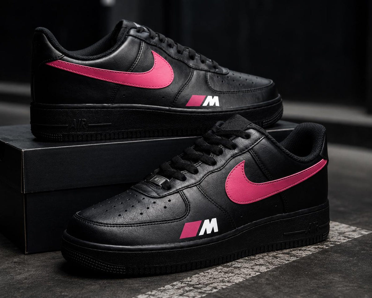 Custom BMW M Sport Air Force 1 Sneakers, Black Pink Hand Painted Motorsport Shoes