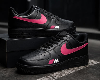 Custom BMW M Sport Air Force 1 Sneakers, Black Pink Hand Painted Motorsport Shoes