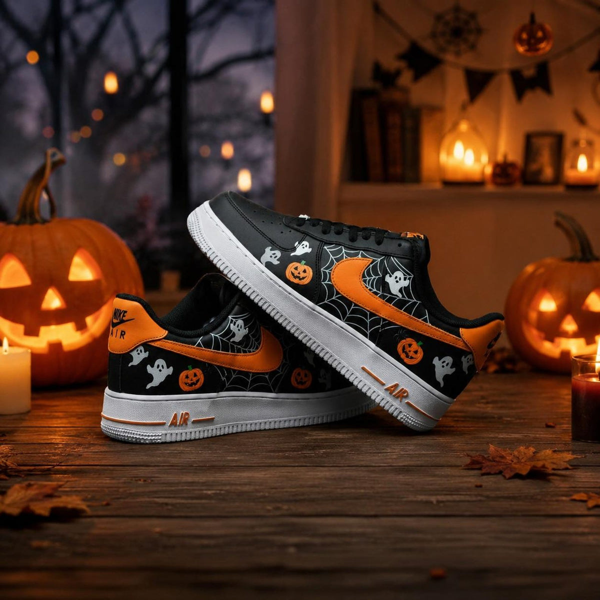 Halloween Ghost Custom Air Force 1 Shoes, Hand Painted Ghost Pumpkin AF1 Sneakers, Orange Black Custom Shoes, Halloween Gift