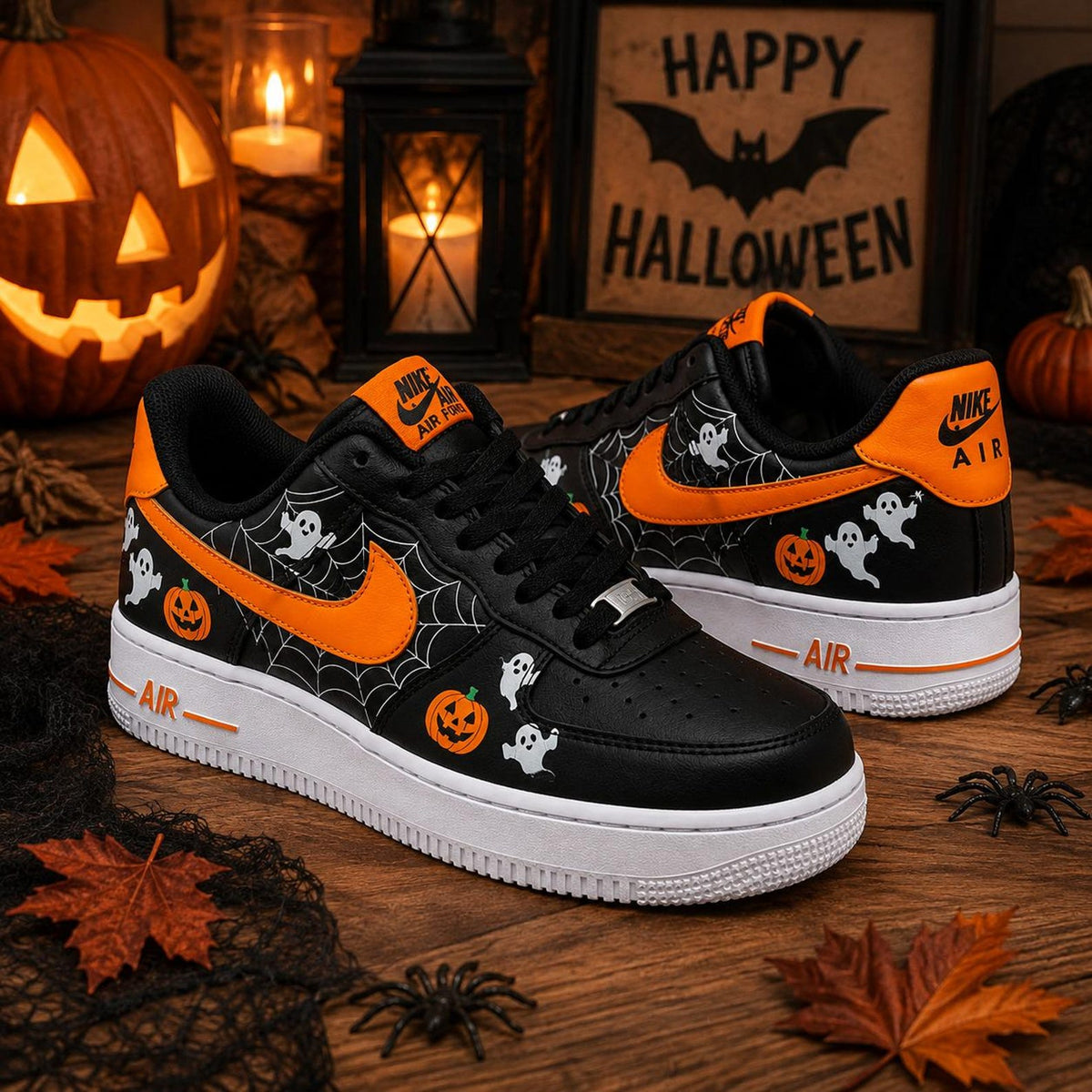 Halloween Ghost Custom Air Force 1 Shoes, Hand Painted Ghost Pumpkin AF1 Sneakers, Orange Black Custom Shoes, Halloween Gift