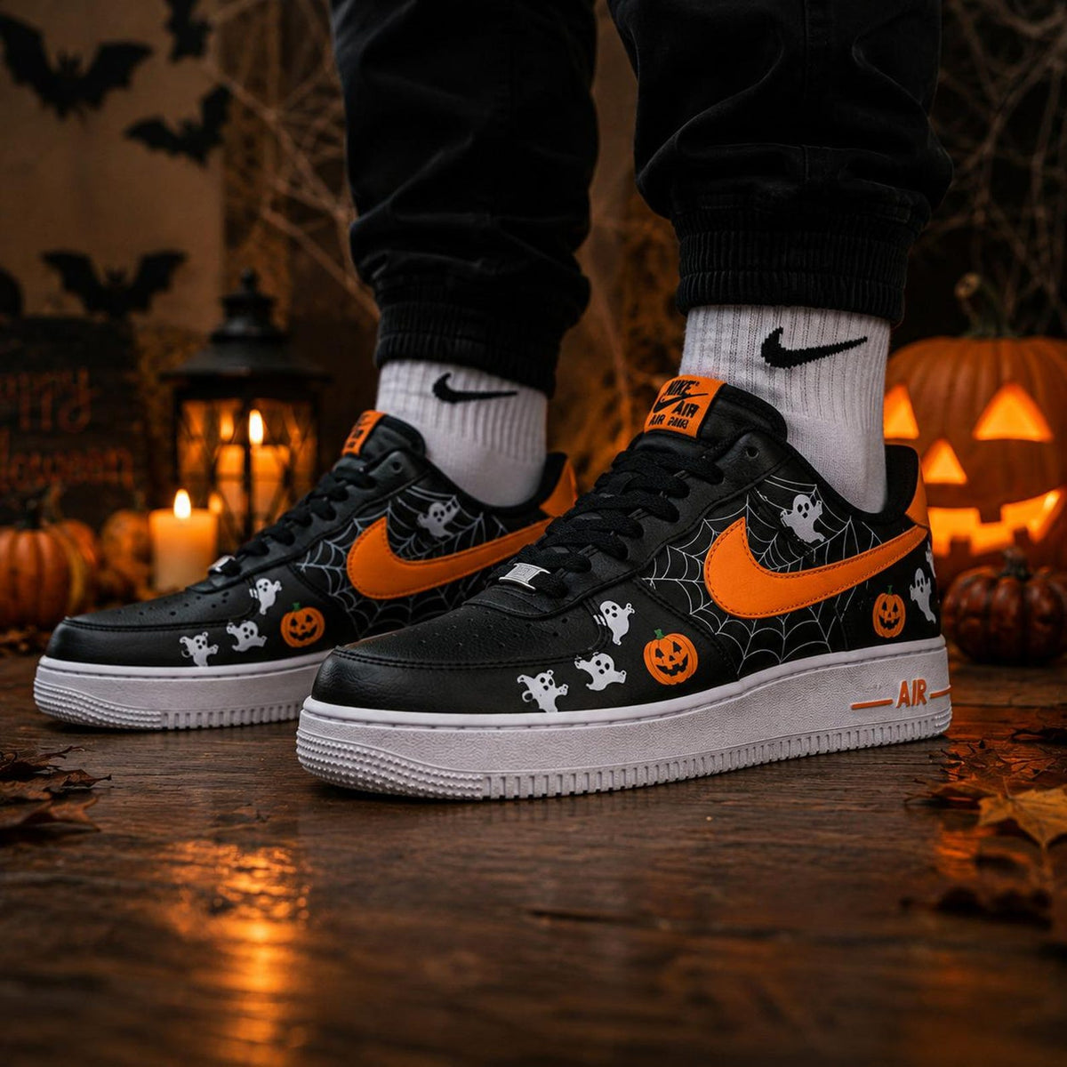 Halloween Ghost Custom Air Force 1 Shoes, Hand Painted Ghost Pumpkin AF1 Sneakers, Orange Black Custom Shoes, Halloween Gift