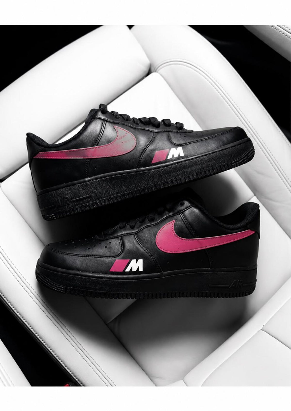 Custom BMW M Sport Air Force 1 Sneakers, Black Pink Hand Painted Motorsport Shoes