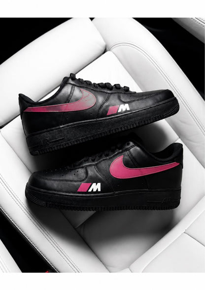 Custom BMW M Sport Air Force 1 Sneakers, Black Pink Hand Painted Motorsport Shoes