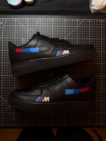 Custom BMW M Sport Air Force 1 Sneakers, Black Pink Hand Painted Motorsport Shoes