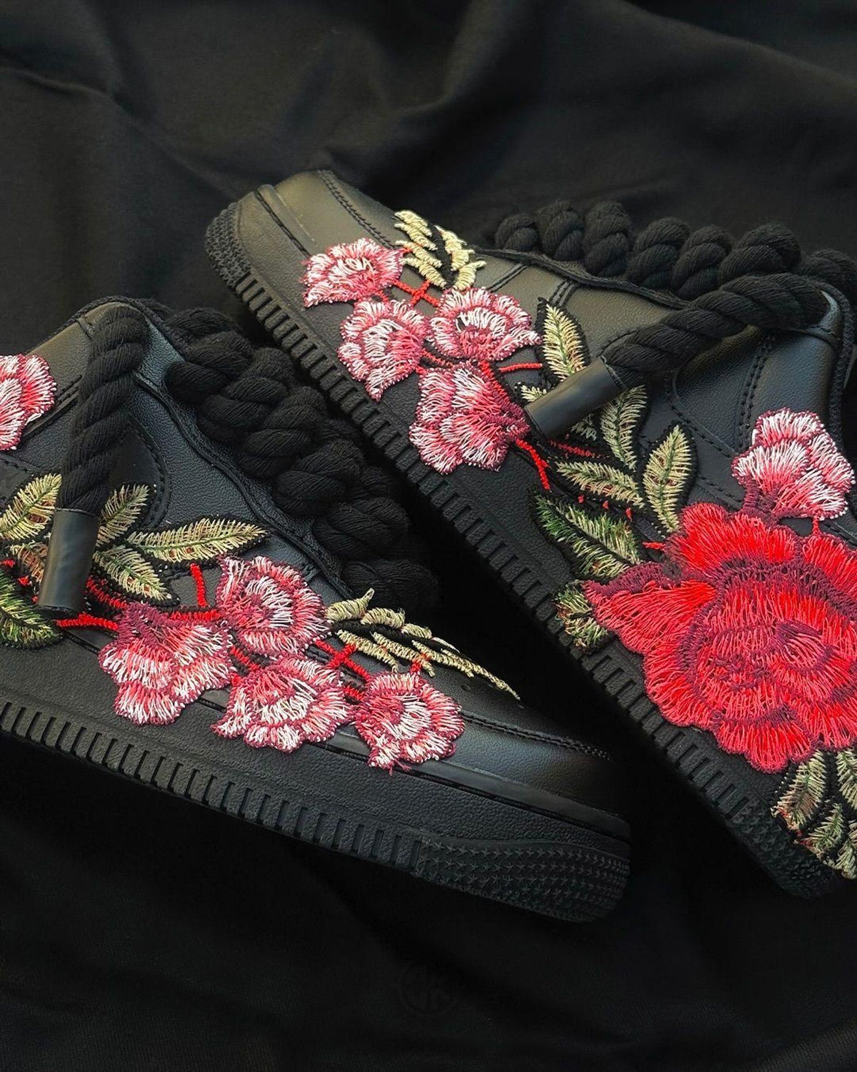 Custom Black Air Force 1 Sneakers, Floral Embroidered Shoes, Red Rose Custom Nike AF1, Chunky Rope Laces, Personalized Sneaker Gift