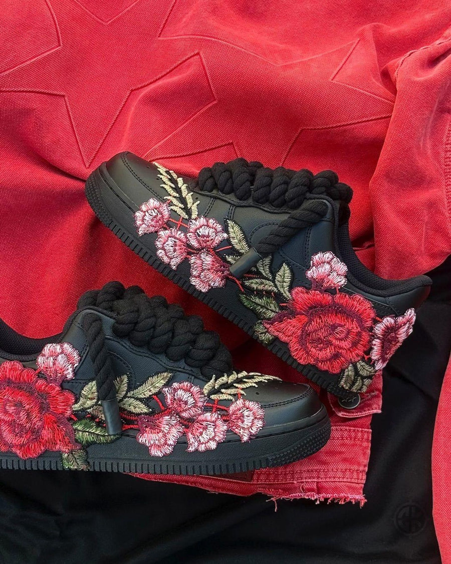 Custom Black Air Force 1 Sneakers, Floral Embroidered Shoes, Red Rose Custom Nike AF1, Chunky Rope Laces, Personalized Sneaker Gift