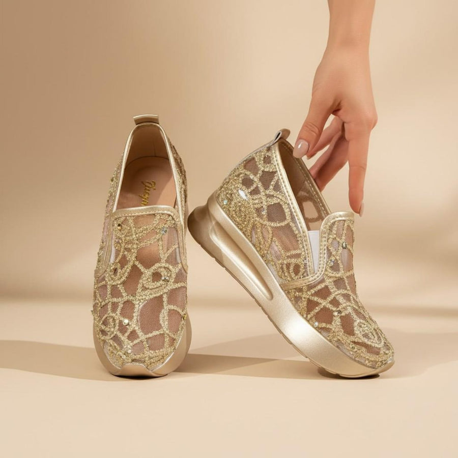 Gold Glitter Wedge Sneakers, Women's Lace Slip On Shoes