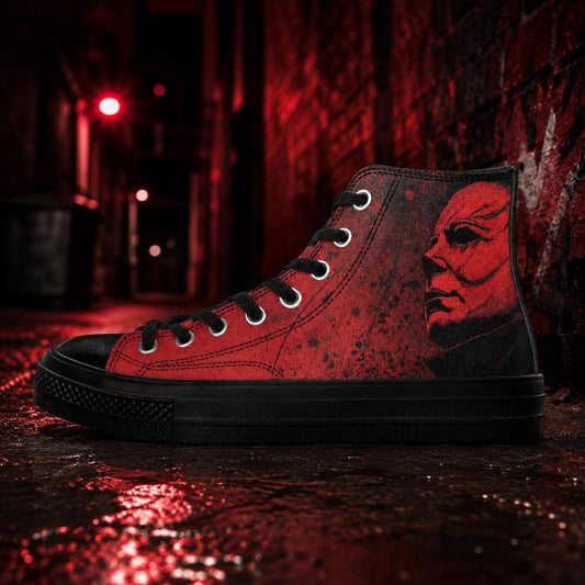 Michael Myers High Top Sneakers, Horror Shoes, Halloween Slasher Shoes, Creepy Horror Gift, Red Black Gothic Sneakers, Horror Fan Footwear