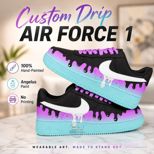 Custom Drip Air Force 1 Sneakers, Hand-Painted Black Purple Blue Shoes