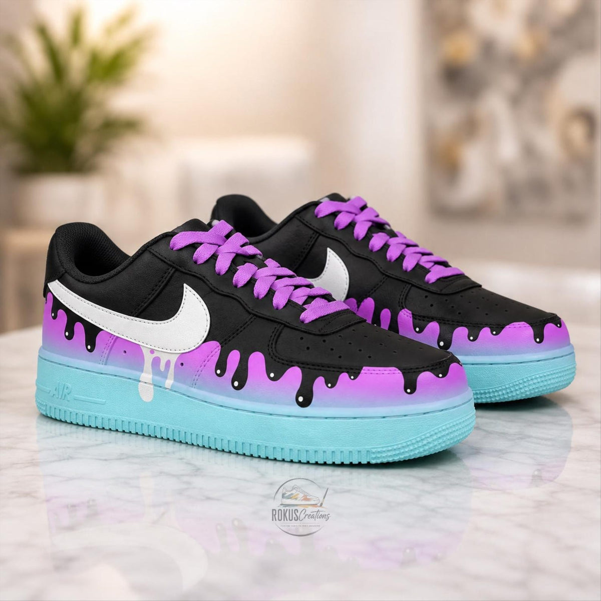 Custom Drip Air Force 1 Sneakers, Hand-Painted Black Purple Blue Shoes
