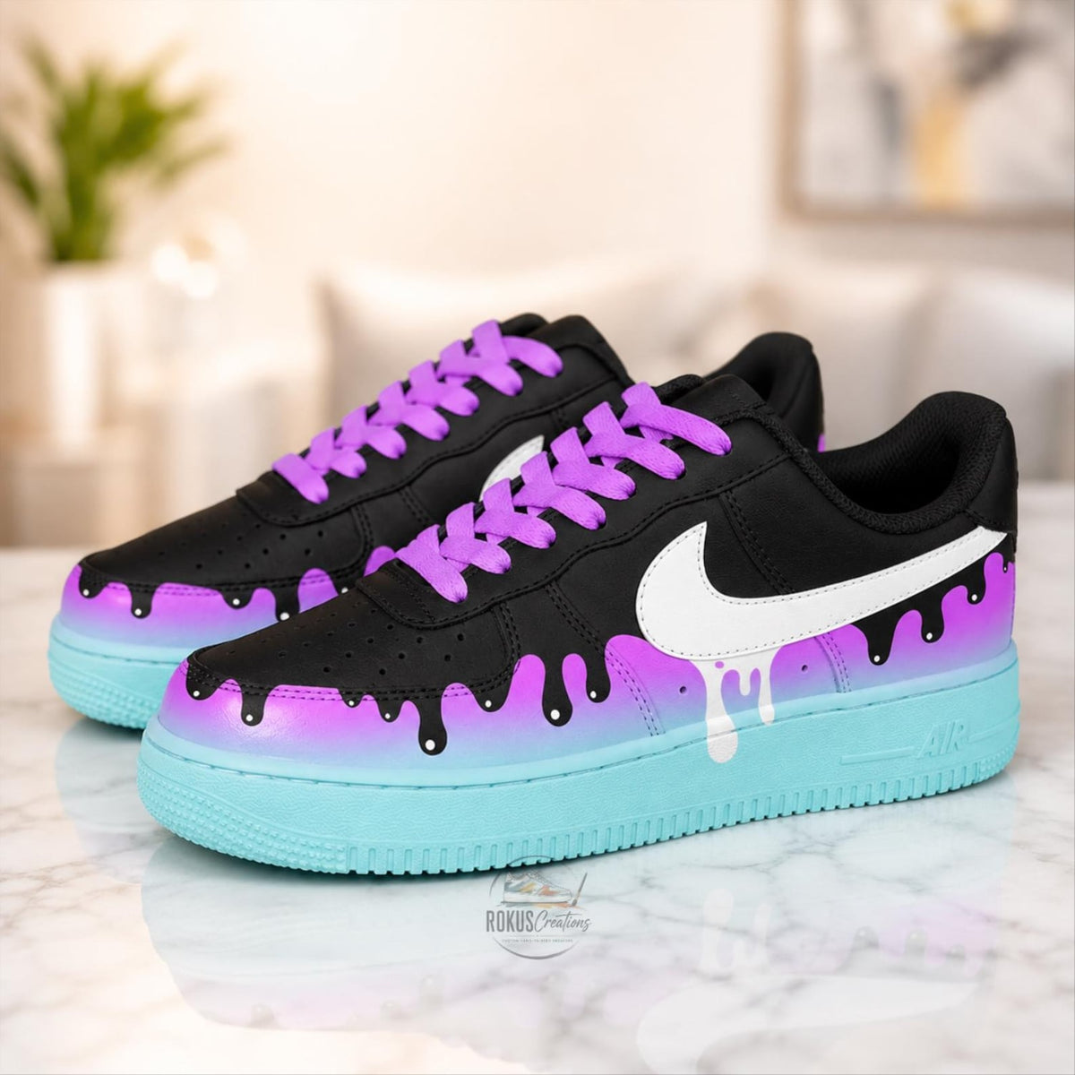Custom Drip Air Force 1 Sneakers, Hand-Painted Black Purple Blue Shoes