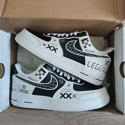 Custom White AF1 Printstream – Hand Painted Abstract Digital Camouflage, Unique Sneakers, Cyberpunk Streetwear Shoes for Gamers