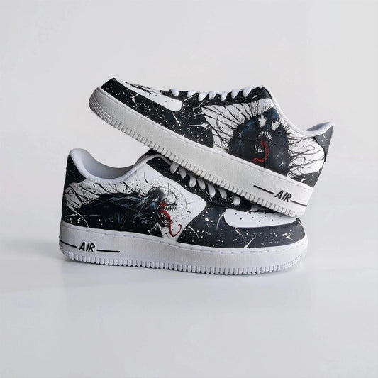 Custom Sneakers – White AF1 with Black Tendrils, Birthday Gift for Men, Symbiote Streetwear Shoes for Fans