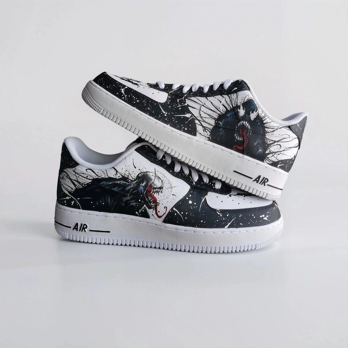 Custom Sneakers – White AF1 with Black Tendrils, Birthday Gift for Men, Symbiote Streetwear Shoes for Fans
