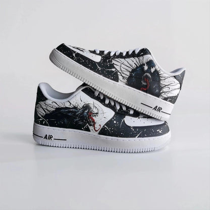 Custom Sneakers – White AF1 with Black Tendrils, Birthday Gift for Men, Symbiote Streetwear Shoes for Fans
