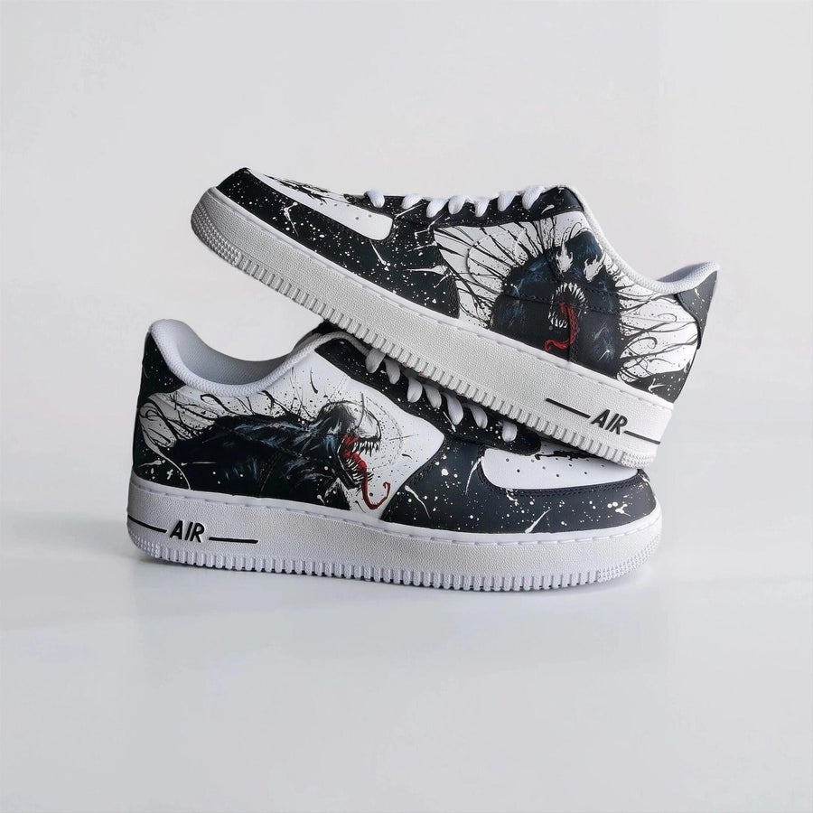 Custom Sneakers – White AF1 with Black Tendrils – Birthday Gift for Men – Symbiote Streetwear Shoes for Fans