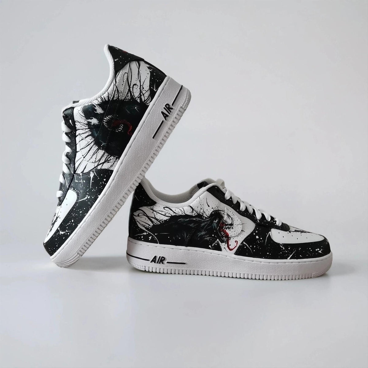 Custom Sneakers – White AF1 with Black Tendrils, Birthday Gift for Men, Symbiote Streetwear Shoes for Fans