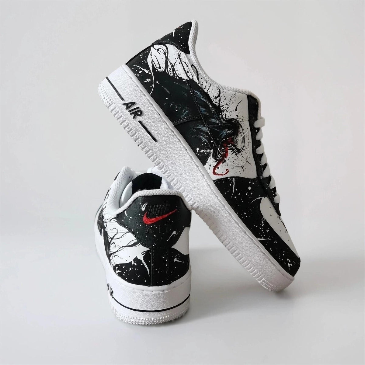 Custom Sneakers – White AF1 with Black Tendrils, Birthday Gift for Men, Symbiote Streetwear Shoes for Fans
