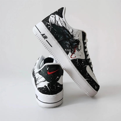 Custom Sneakers – White AF1 with Black Tendrils, Birthday Gift for Men, Symbiote Streetwear Shoes for Fans