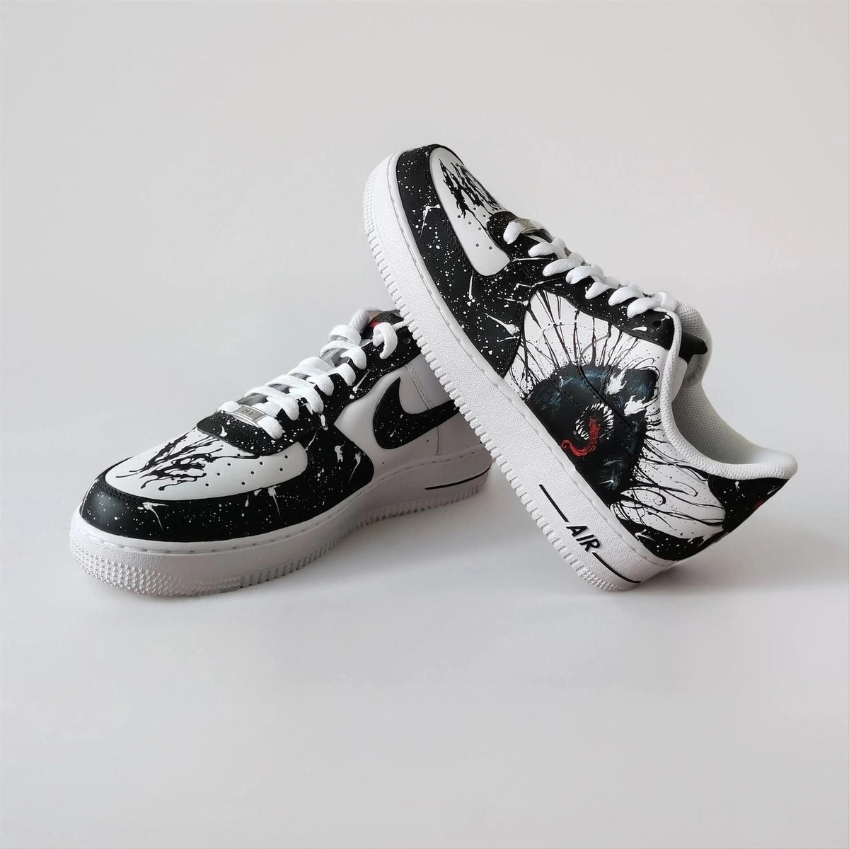 Custom Sneakers – White AF1 with Black Tendrils, Birthday Gift for Men, Symbiote Streetwear Shoes for Fans