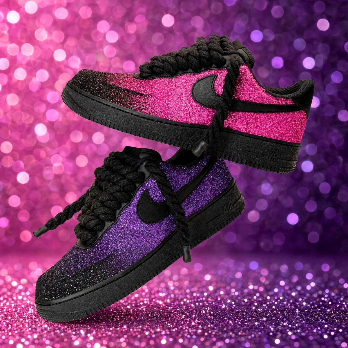 Custom Glitter Low Top Sneakers | Black to Red Fade, Rope Laces (Made to Order)