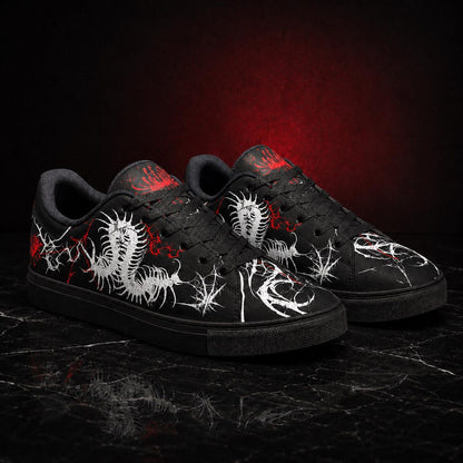 Gothic Centipede Sneakers, Black Low-Top Leather Shoes with Spider Lily Design
