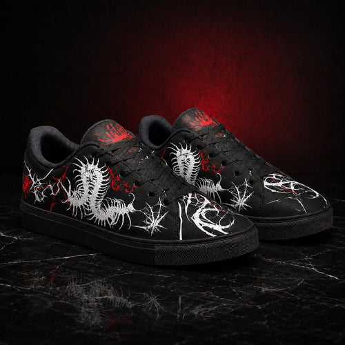 Gothic Centipede Sneakers, Black Low-Top Leather Shoes with Spider Lily Design