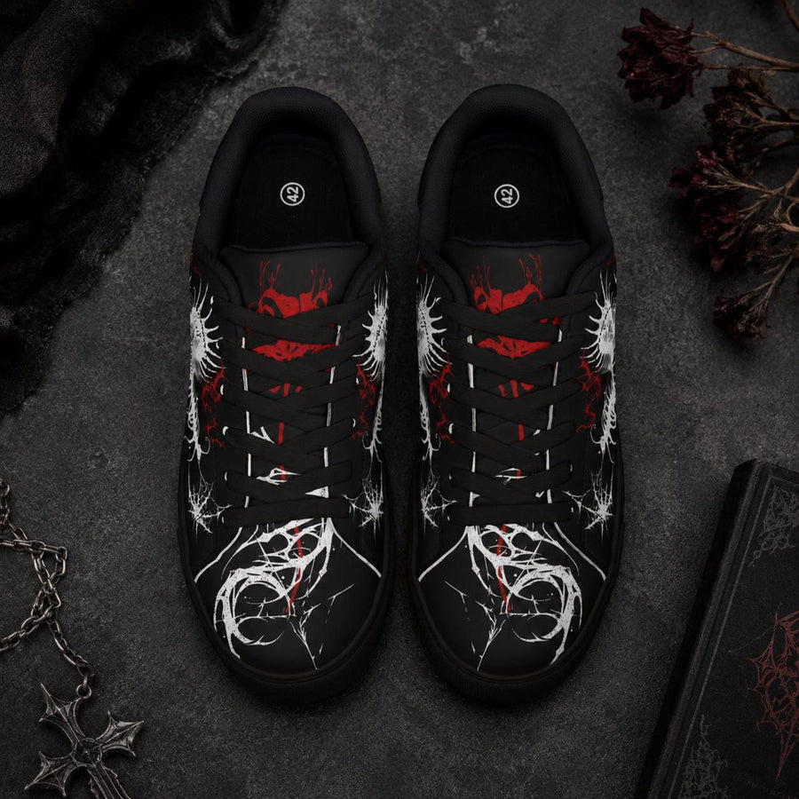 Gothic Centipede Sneakers, Black Low-Top Leather Shoes with Spider Lily Design