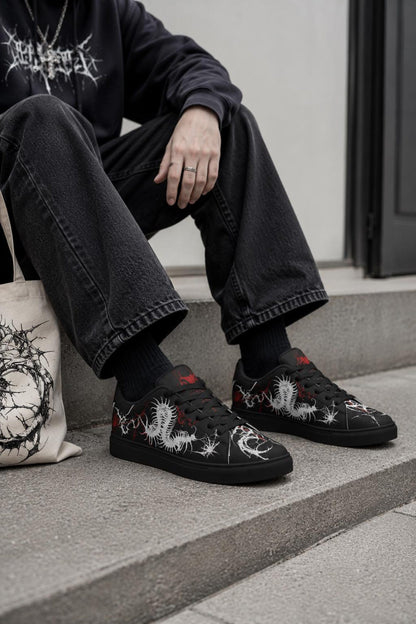 Gothic Centipede Sneakers, Black Low-Top Leather Shoes with Spider Lily Design
