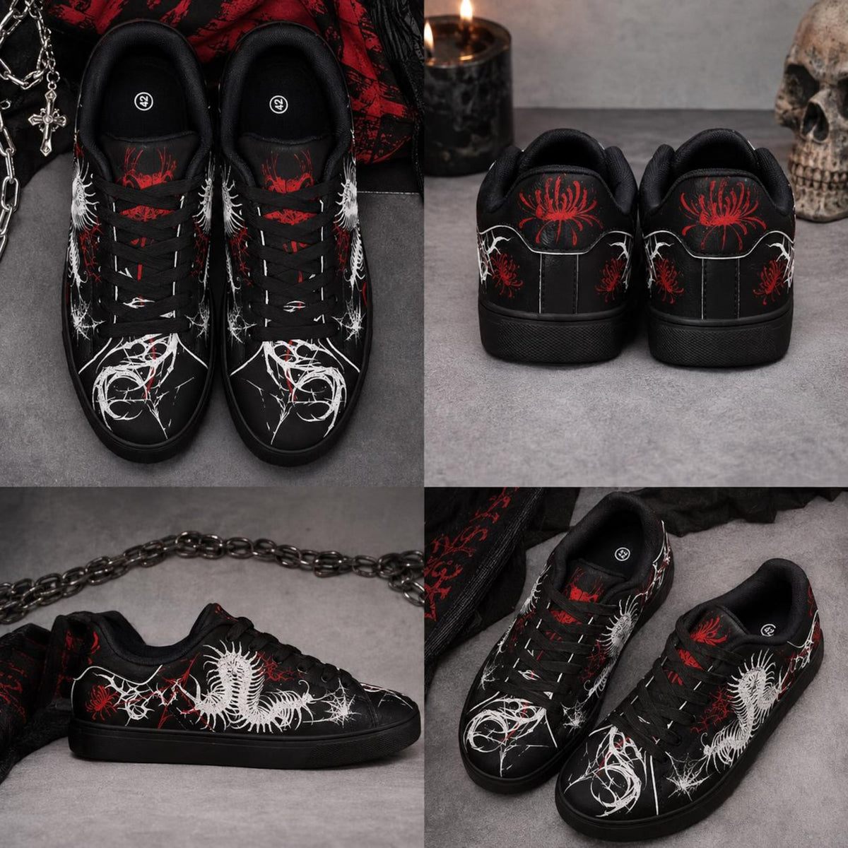 Gothic Centipede Sneakers, Black Low-Top Leather Shoes with Spider Lily Design