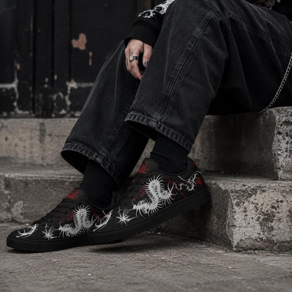 Gothic Centipede Sneakers, Black Low-Top Leather Shoes with Spider Lily Design