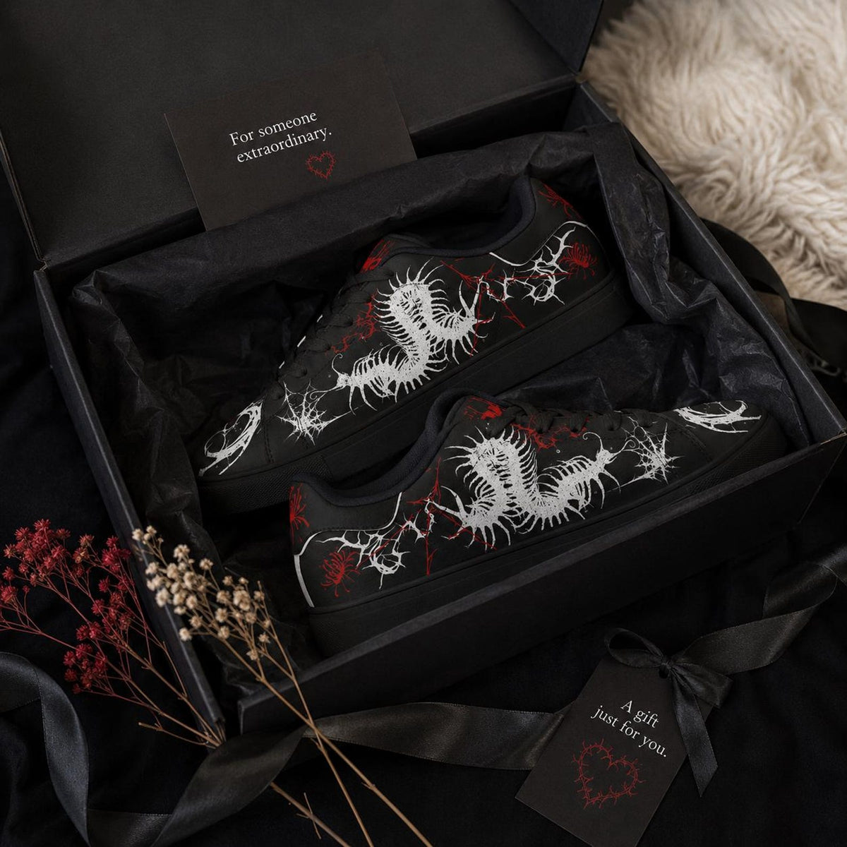 Gothic Centipede Sneakers, Black Low-Top Leather Shoes with Spider Lily Design