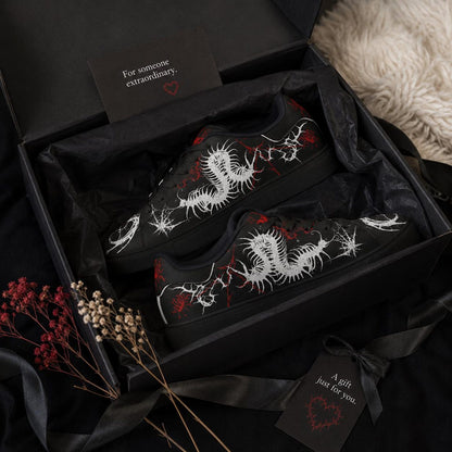 Gothic Centipede Sneakers, Black Low-Top Leather Shoes with Spider Lily Design