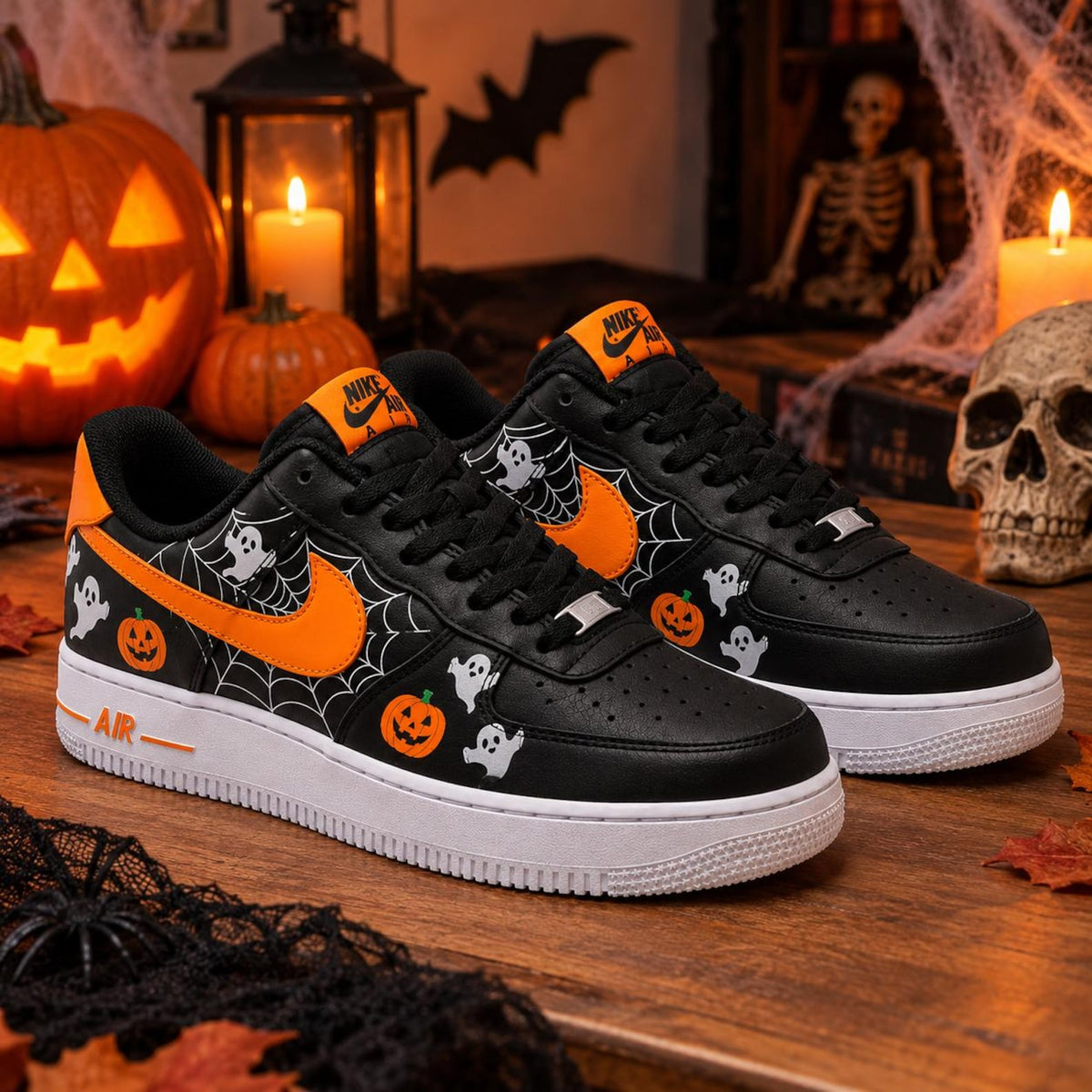 Halloween Ghost Custom Air Force 1 Shoes, Hand Painted Ghost Pumpkin AF1 Sneakers, Orange Black Custom Shoes, Halloween Gift
