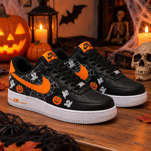 Halloween Ghost Custom Air Force 1 Shoes, Hand Painted Ghost Pumpkin AF1 Sneakers, Orange Black Custom Shoes, Halloween Gift