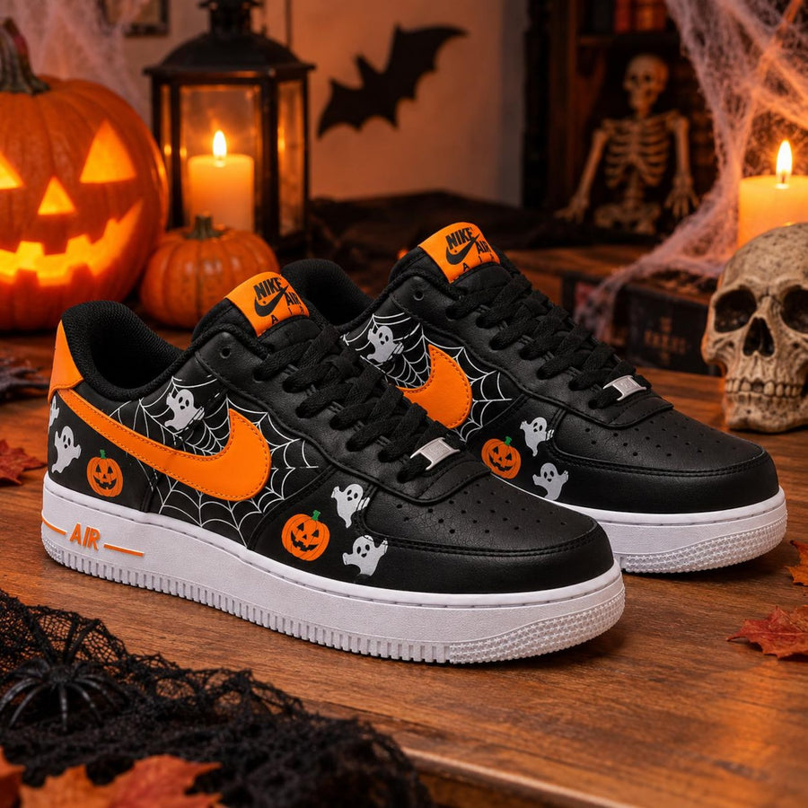 Halloween Ghost Custom Air Force 1 Shoes, Hand Painted Ghost Pumpkin AF1 Sneakers, Orange Black Custom Shoes, Halloween Gift