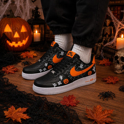 Halloween Ghost Custom Air Force 1 Shoes, Hand Painted Ghost Pumpkin AF1 Sneakers, Orange Black Custom Shoes, Halloween Gift