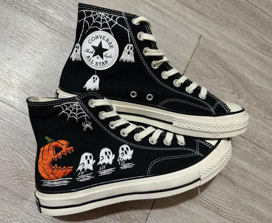 Hand Embroidered Halloween Sneakers, Ghost Pumpkin Spiderweb Design (Customizable)