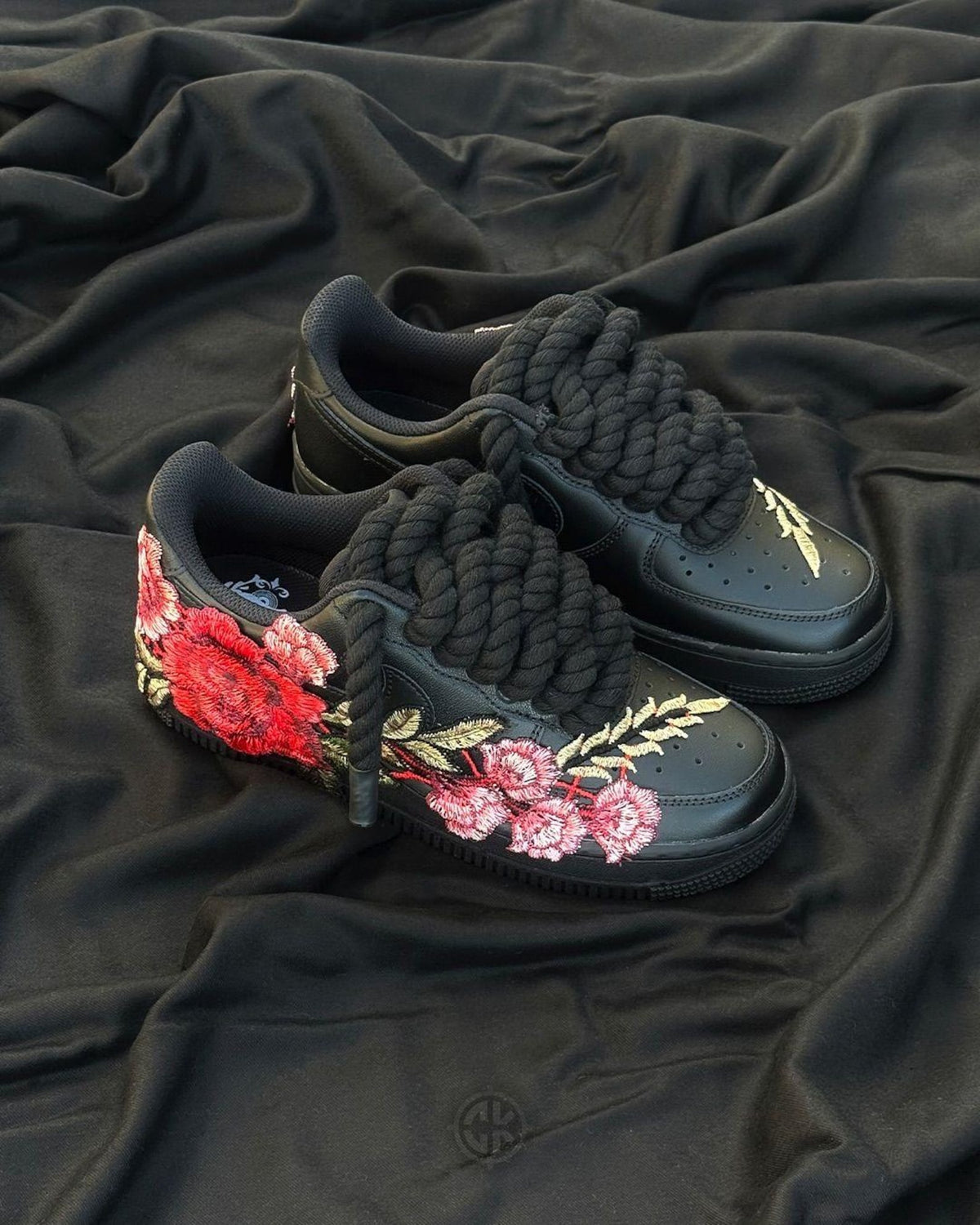 Custom Black Air Force 1 Sneakers, Floral Embroidered Shoes, Red Rose Custom Nike AF1, Chunky Rope Laces, Personalized Sneaker Gift
