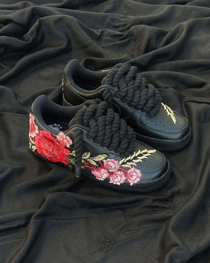 Custom Black Air Force 1 Sneakers, Floral Embroidered Shoes, Red Rose Custom Nike AF1, Chunky Rope Laces, Personalized Sneaker Gift