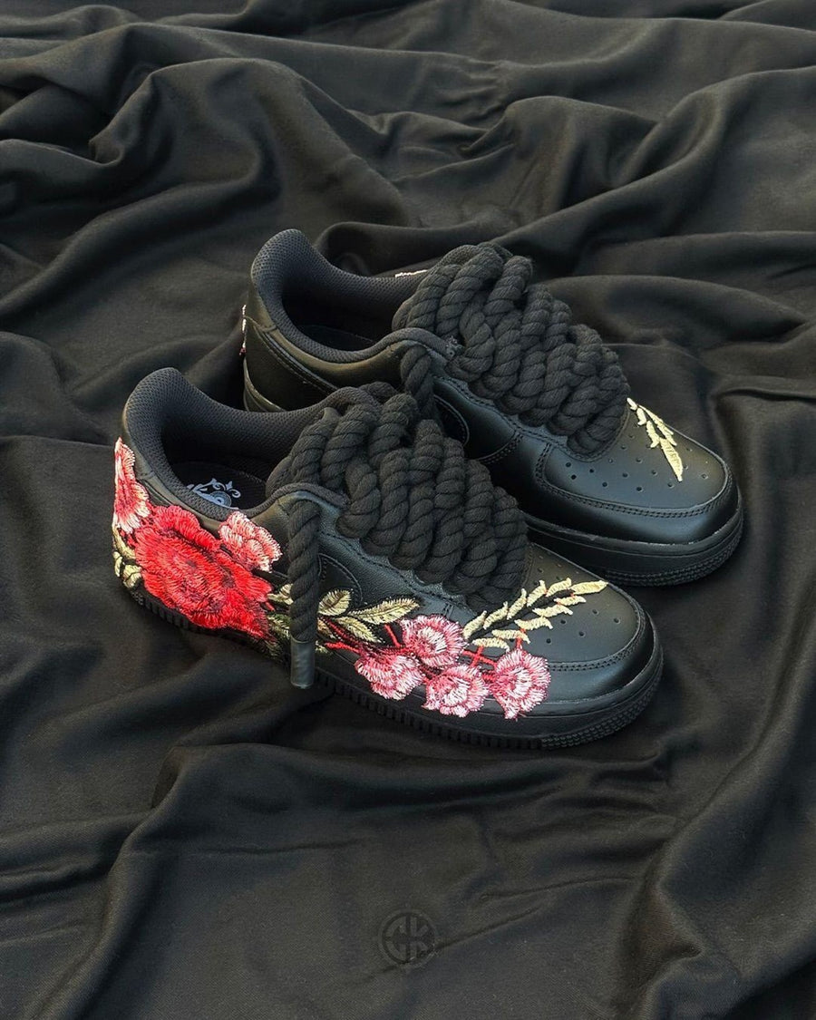 Custom Black Air Force 1 Sneakers, Floral Embroidered Shoes, Red Rose Custom Nike AF1, Chunky Rope Laces, Personalized Sneaker Gift