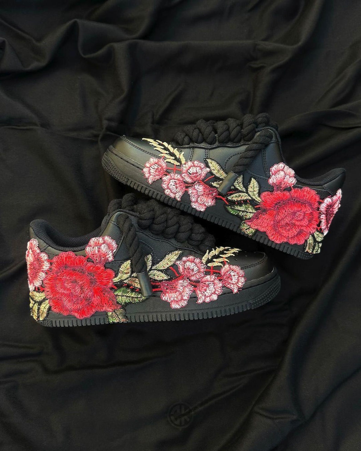 Custom Black Air Force 1 Sneakers, Floral Embroidered Shoes, Red Rose Custom Nike AF1, Chunky Rope Laces, Personalized Sneaker Gift