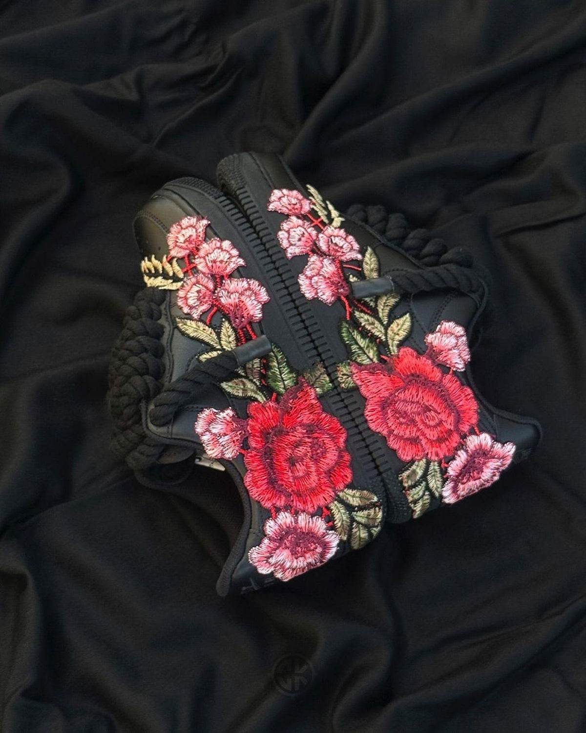 Custom Black Air Force 1 Sneakers, Floral Embroidered Shoes, Red Rose Custom Nike AF1, Chunky Rope Laces, Personalized Sneaker Gift