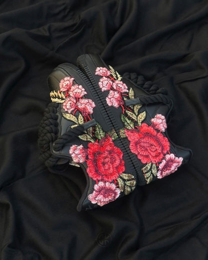 Custom Black Air Force 1 Sneakers, Floral Embroidered Shoes, Red Rose Custom Nike AF1, Chunky Rope Laces, Personalized Sneaker Gift
