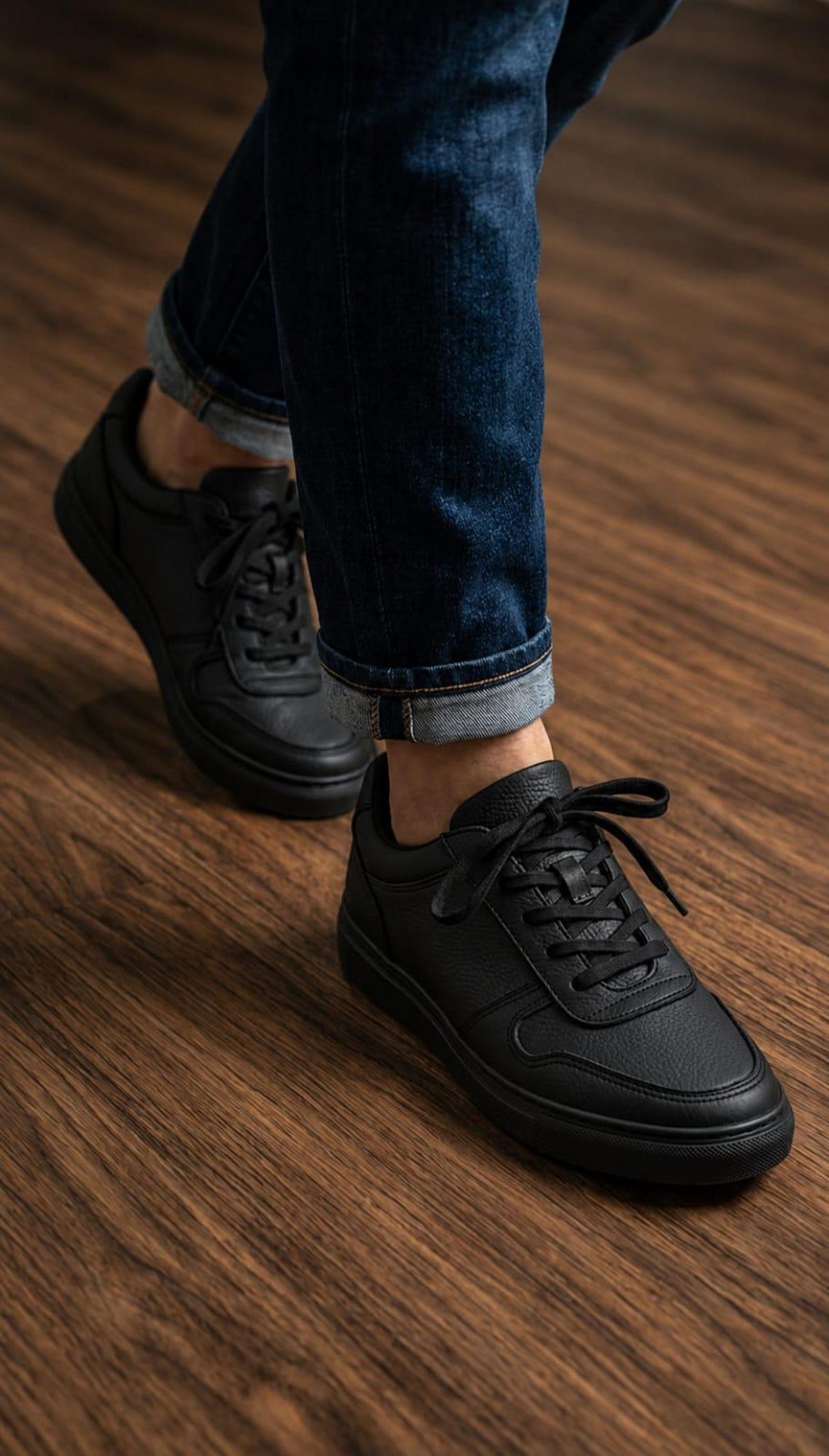 Men's Black Full Grain Leather Handmade Sneakers – Comfortable Walking Shoes